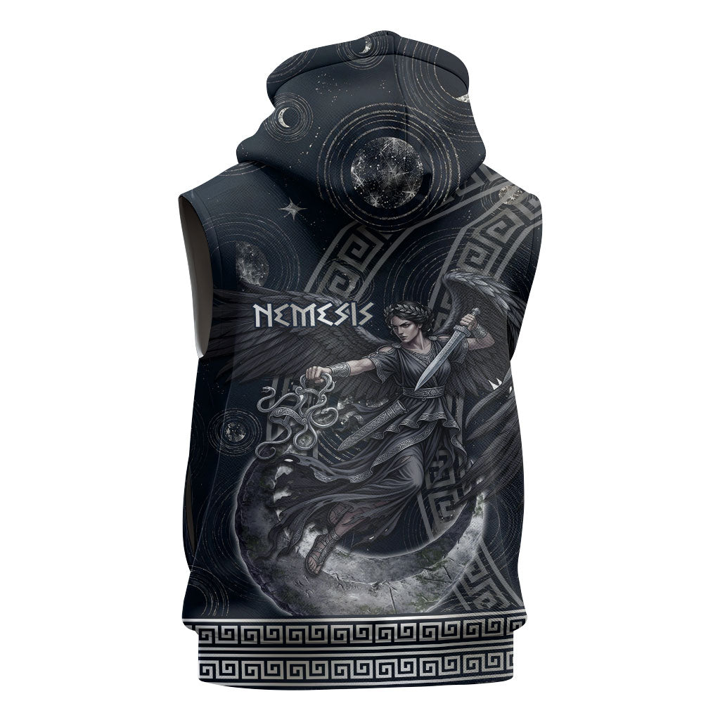 Nemesis Goddess Sleeveless Zip Hoodie Winged Nemesis Crescent Moon Sword Greek Key