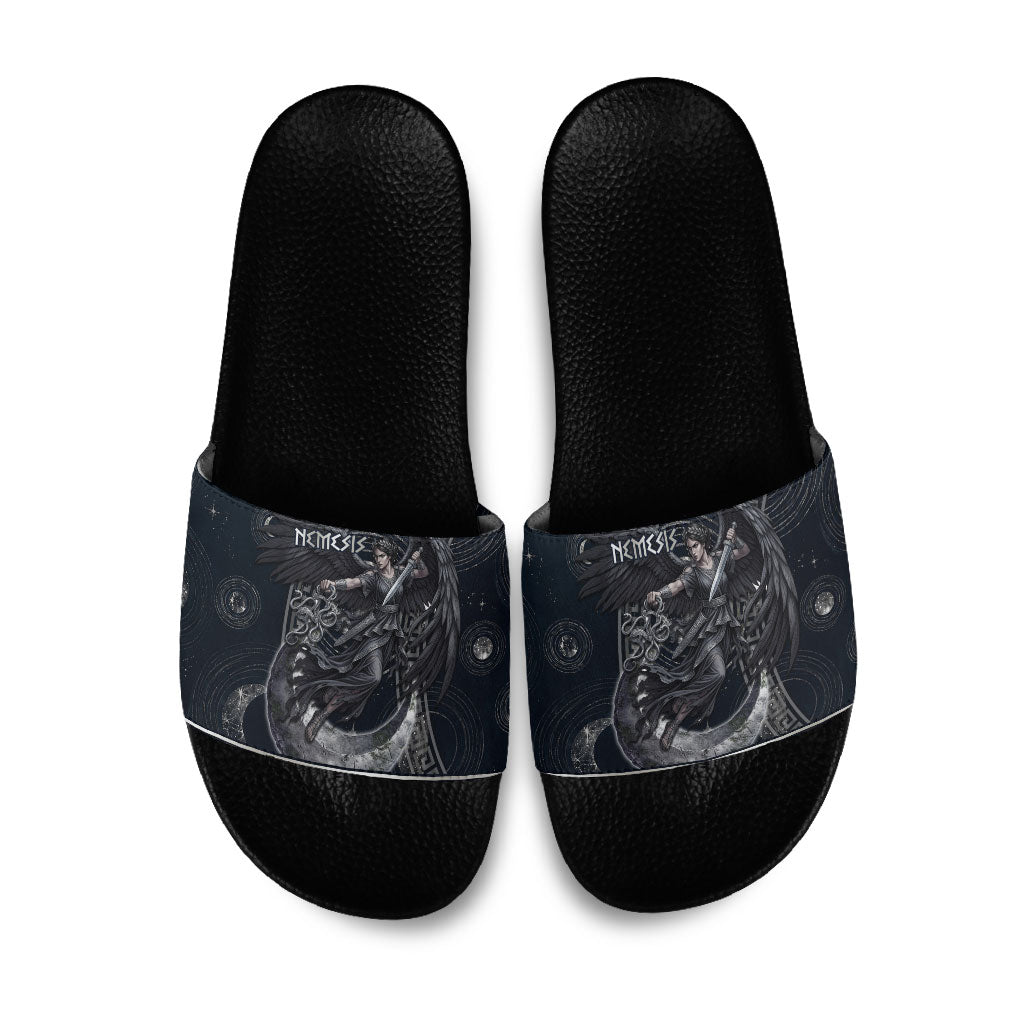Nemesis Goddess Slide Sandals Winged Nemesis Crescent Moon Sword Greek Key