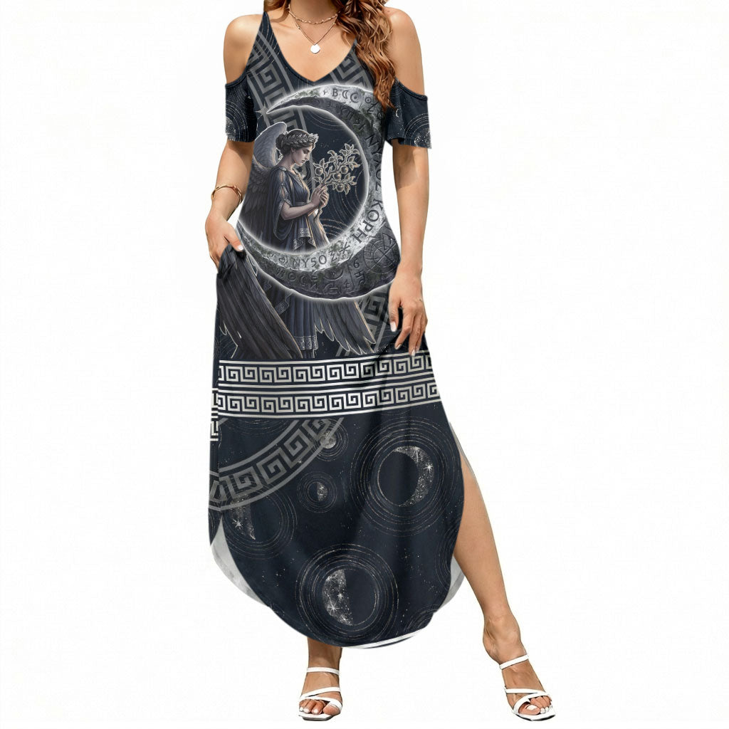 Nemesis Goddess Summer Maxi Dress Winged Nemesis Crescent Moon Sword Greek Key