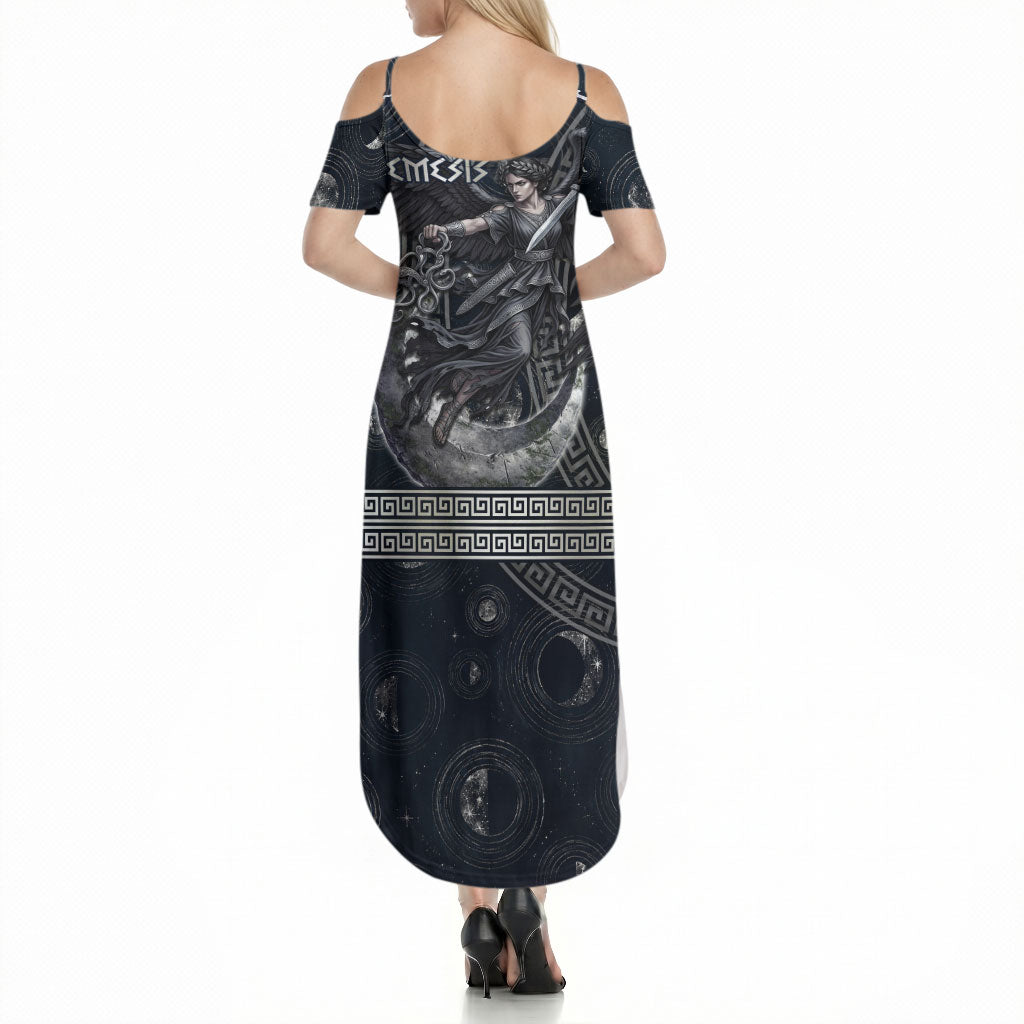 Nemesis Goddess Summer Maxi Dress Winged Nemesis Crescent Moon Sword Greek Key