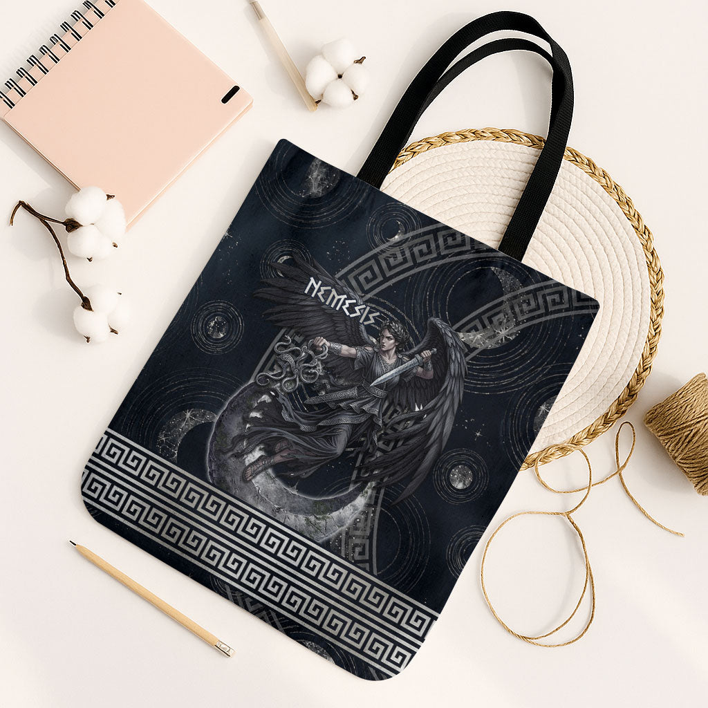 Nemesis Goddess Tote Bag Winged Nemesis Crescent Moon Sword Greek Key