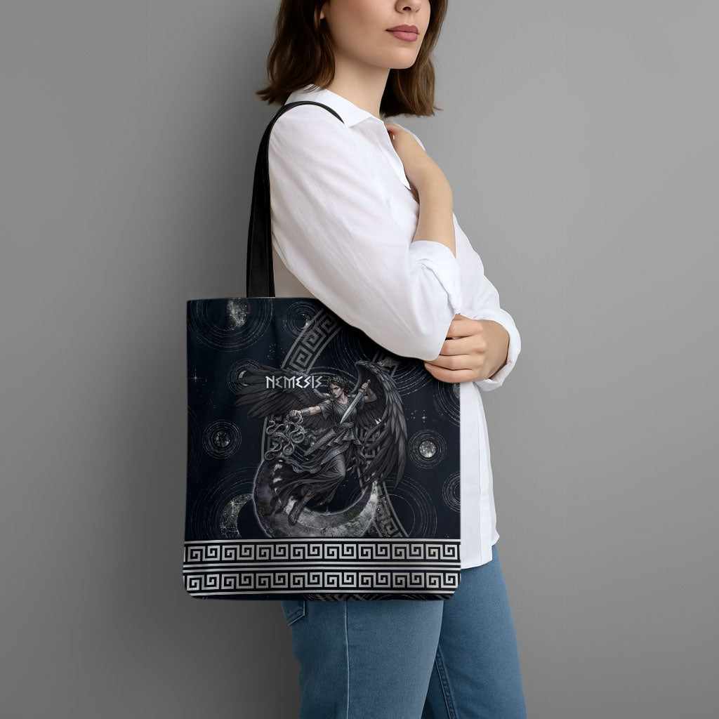 Nemesis Goddess Tote Bag Winged Nemesis Crescent Moon Sword Greek Key