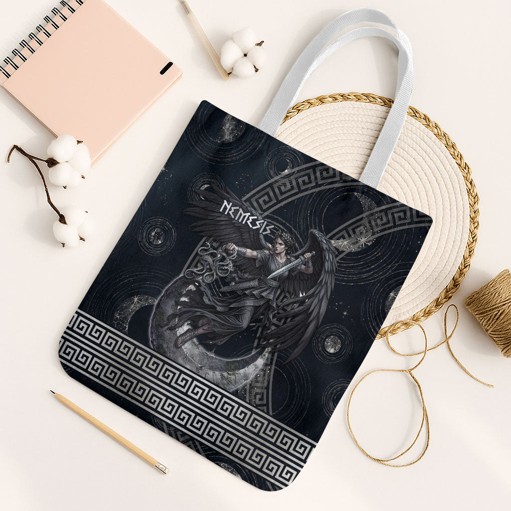 Nemesis Goddess Tote Bag Winged Nemesis Crescent Moon Sword Greek Key