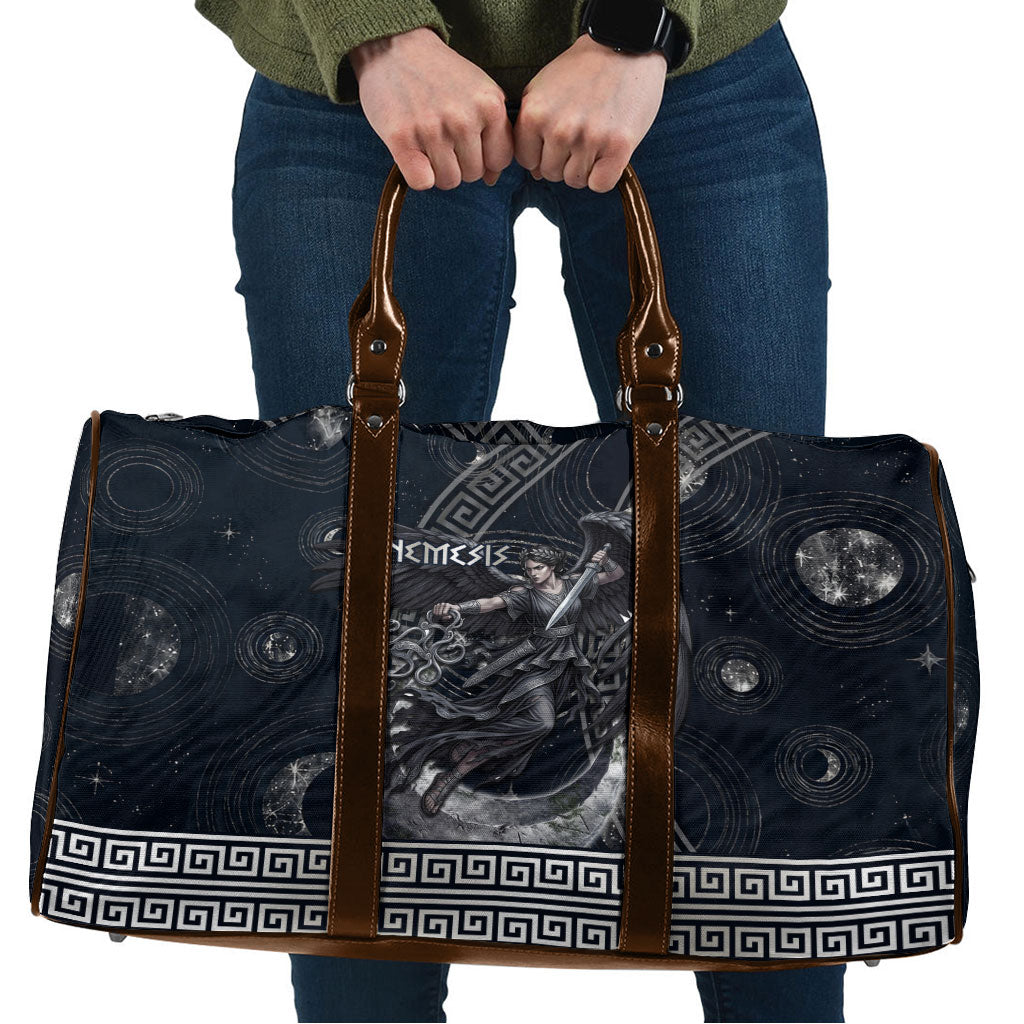Nemesis Goddess Travel Bag Winged Nemesis Crescent Moon Sword Greek Key