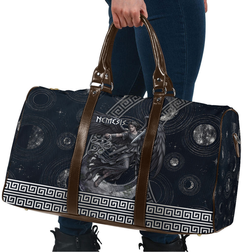 Nemesis Goddess Travel Bag Winged Nemesis Crescent Moon Sword Greek Key