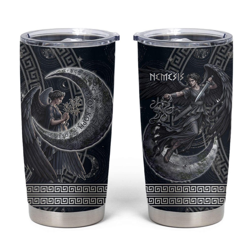Nemesis Goddess Tumbler Cup Winged Nemesis Crescent Moon Sword Greek Key