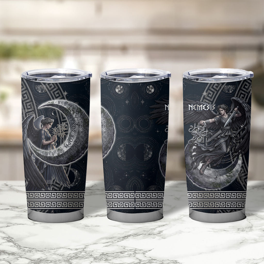 Nemesis Goddess Tumbler Cup Winged Nemesis Crescent Moon Sword Greek Key