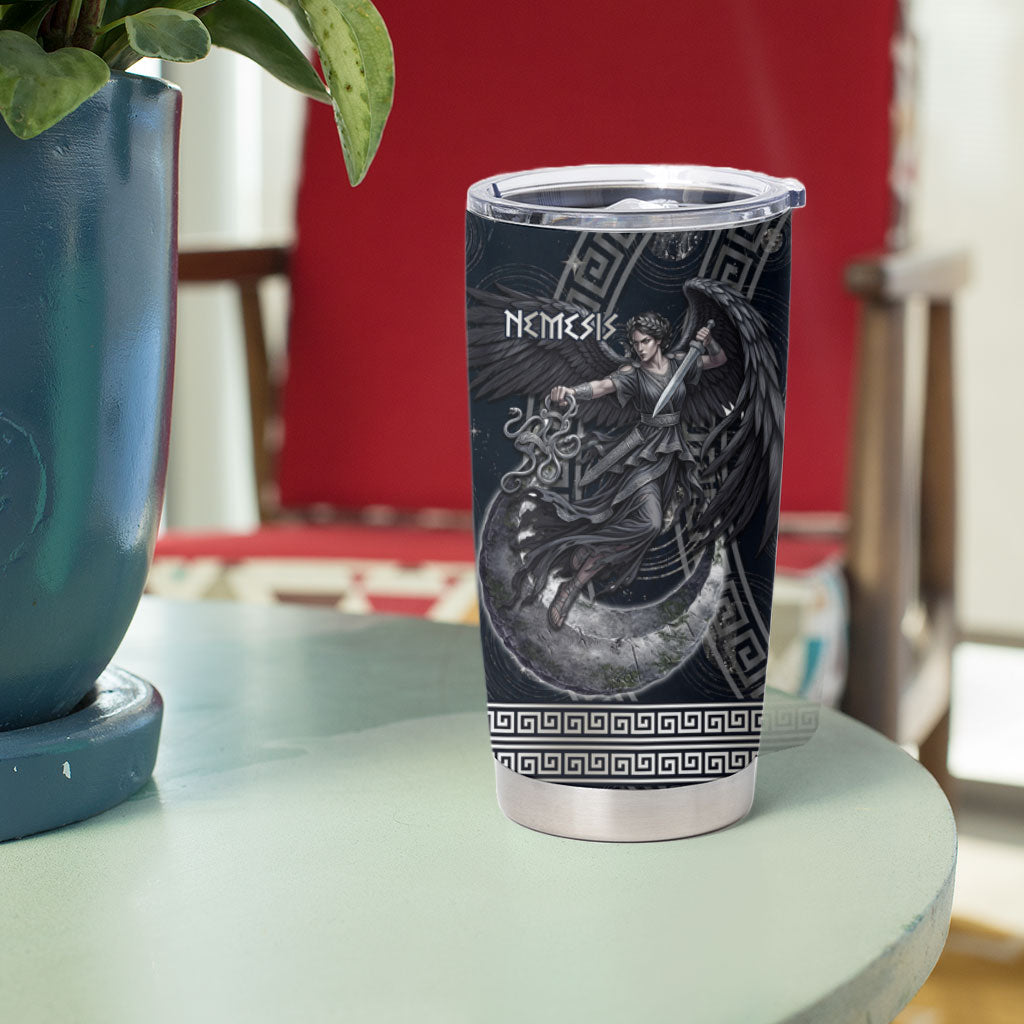 Nemesis Goddess Tumbler Cup Winged Nemesis Crescent Moon Sword Greek Key