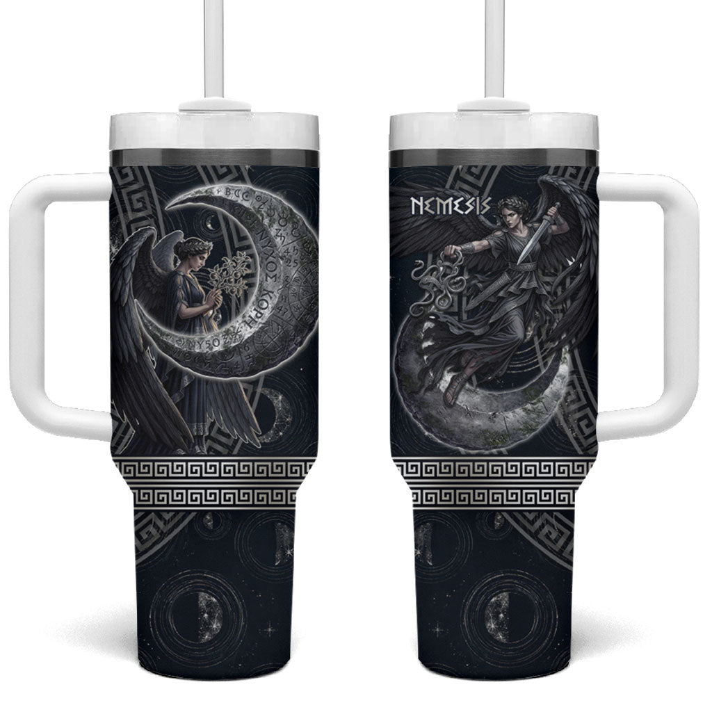 Nemesis Goddess Tumbler With Handle Winged Nemesis Crescent Moon Sword Greek Key