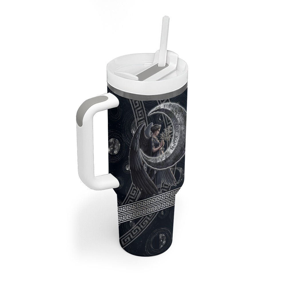 Nemesis Goddess Tumbler With Handle Winged Nemesis Crescent Moon Sword Greek Key