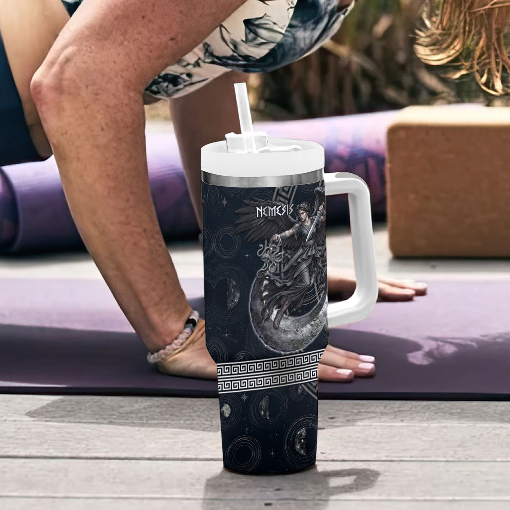 Nemesis Goddess Tumbler With Handle Winged Nemesis Crescent Moon Sword Greek Key