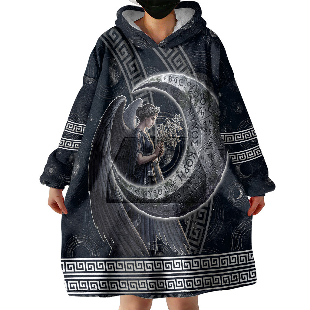 Nemesis Goddess Wearable Blanket Hoodie Winged Nemesis Crescent Moon Sword Greek Key