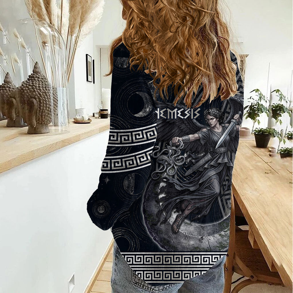 Nemesis Goddess Women Casual Shirt Winged Nemesis Crescent Moon Sword Greek Key