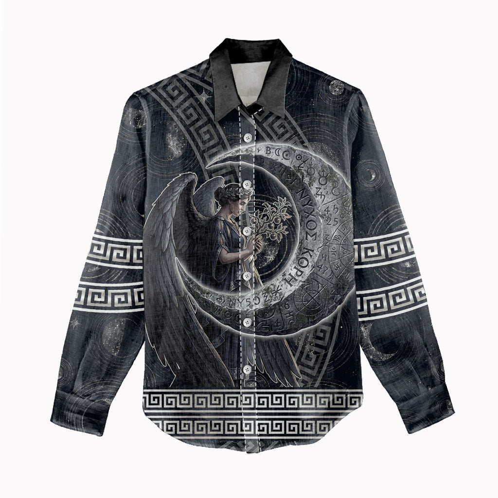 Nemesis Goddess Women Casual Shirt Winged Nemesis Crescent Moon Sword Greek Key