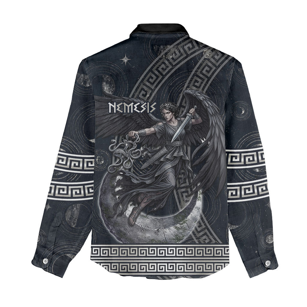 Nemesis Goddess Women Casual Shirt Winged Nemesis Crescent Moon Sword Greek Key