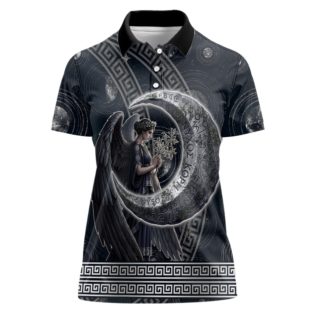 Nemesis Goddess Women Polo Shirt Winged Nemesis Crescent Moon Sword Greek Key