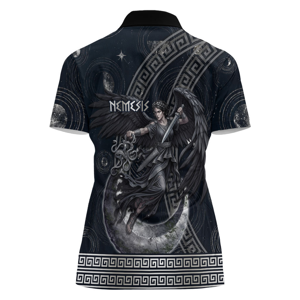 Nemesis Goddess Women Polo Shirt Winged Nemesis Crescent Moon Sword Greek Key