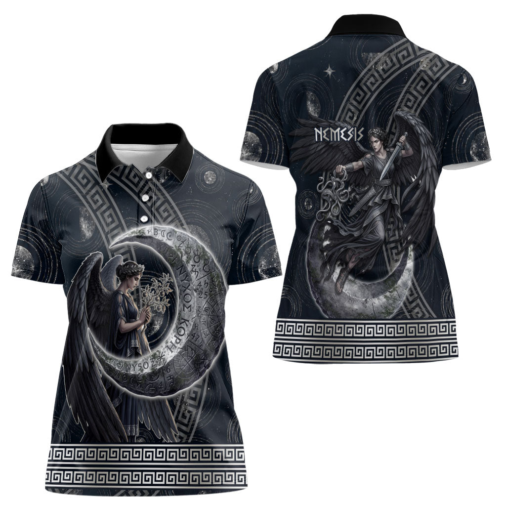 Nemesis Goddess Women Polo Shirt Winged Nemesis Crescent Moon Sword Greek Key