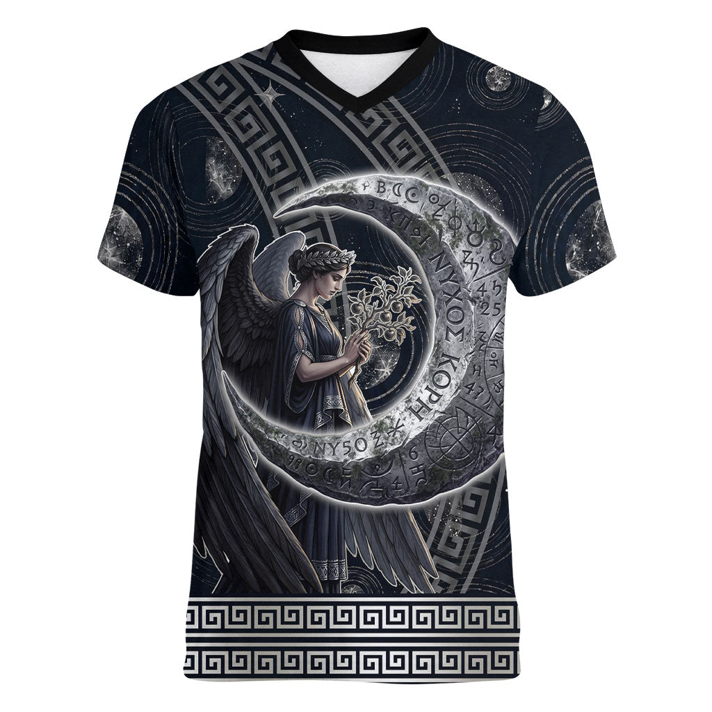 Nemesis Goddess Women V-Neck T-Shirt Winged Nemesis Crescent Moon Sword Greek Key