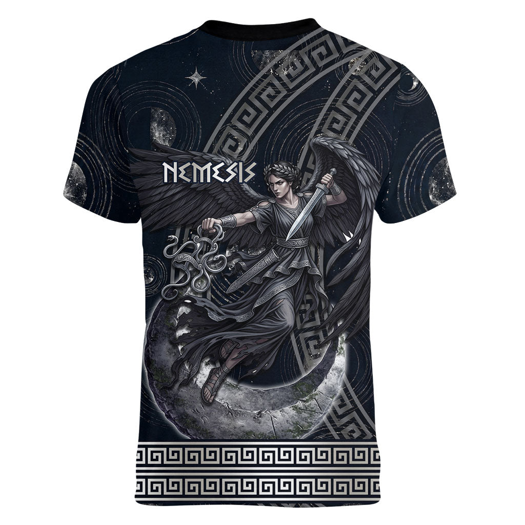Nemesis Goddess Women V-Neck T-Shirt Winged Nemesis Crescent Moon Sword Greek Key