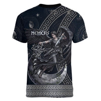 Nemesis Goddess Women V-Neck T-Shirt Winged Nemesis Crescent Moon Sword Greek Key