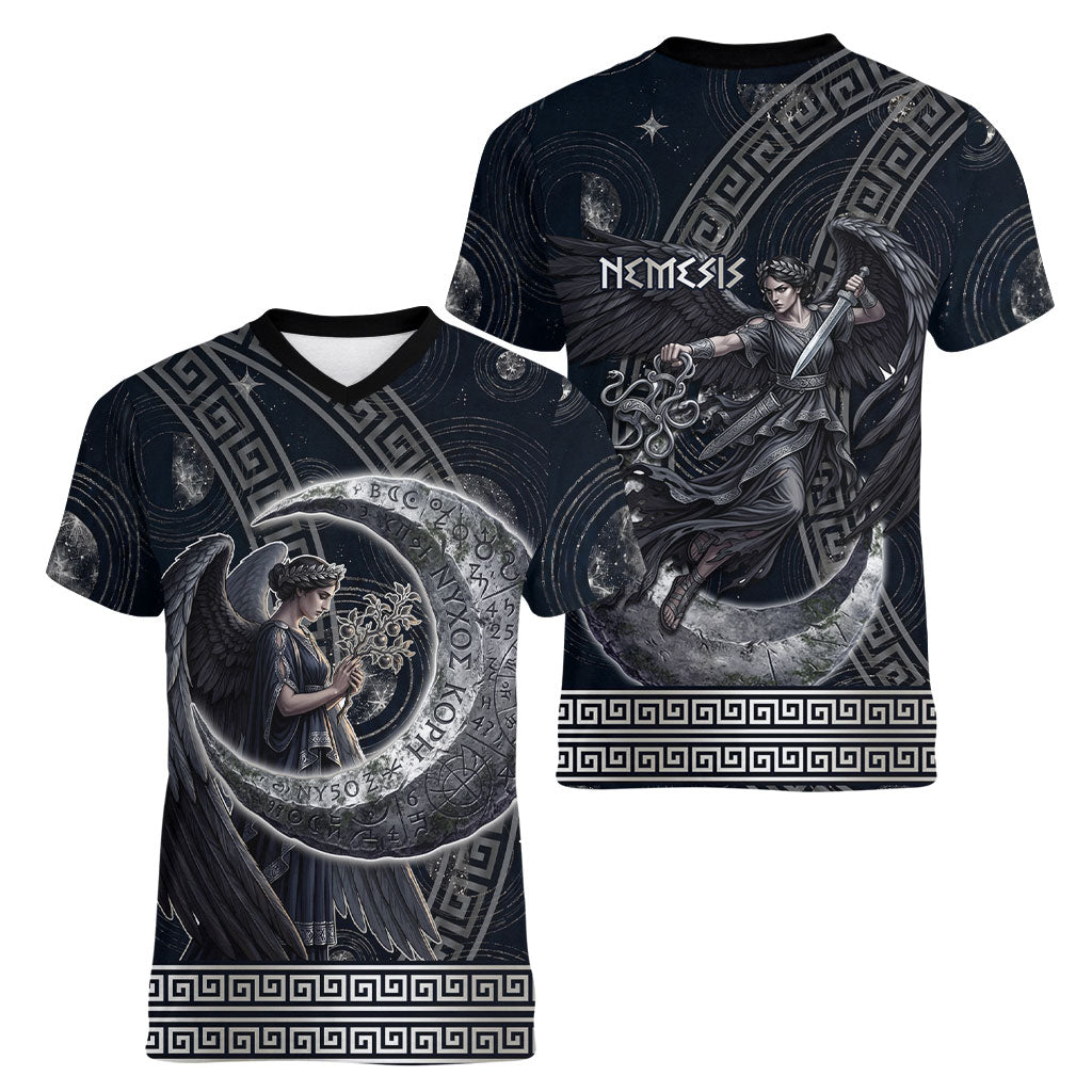 Nemesis Goddess Women V-Neck T-Shirt Winged Nemesis Crescent Moon Sword Greek Key