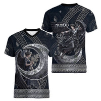 Nemesis Goddess Women V-Neck T-Shirt Winged Nemesis Crescent Moon Sword Greek Key