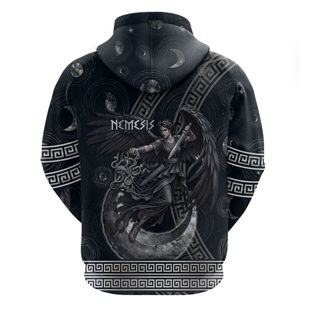 Nemesis Goddess Zip Hoodie Winged Nemesis Crescent Moon Sword Greek Key