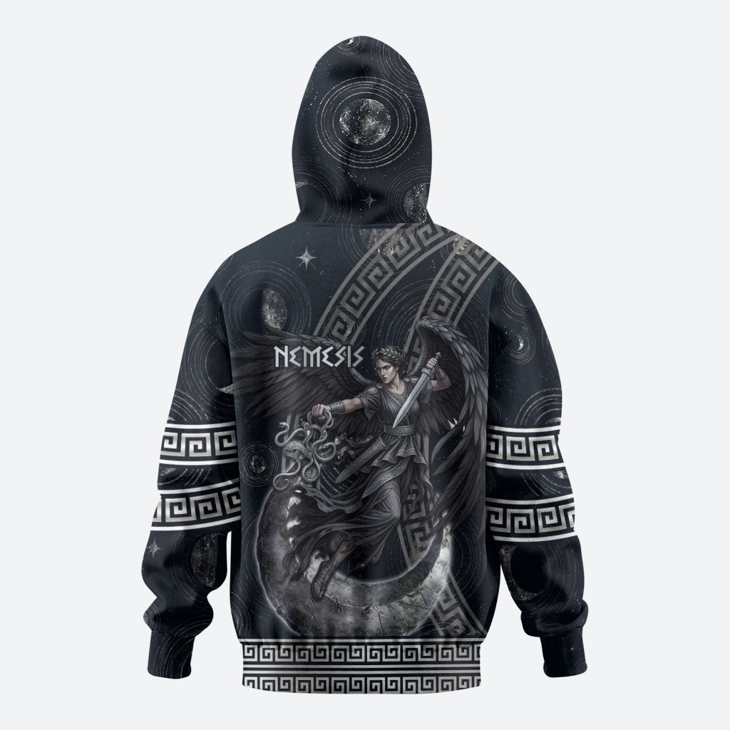 Nemesis Goddess Zip Hoodie Winged Nemesis Crescent Moon Sword Greek Key