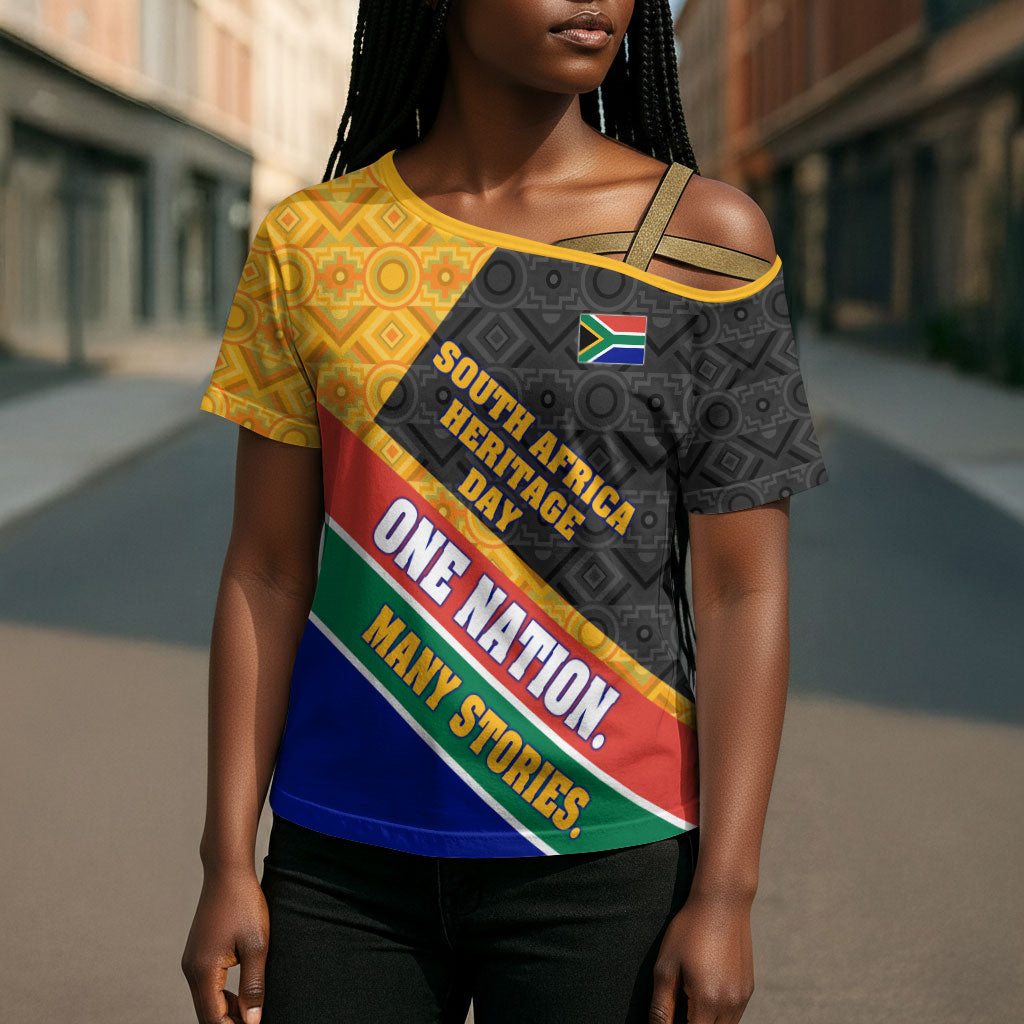 Personalized South Africa Heritage Day Cross Shoulder Shirt One Nation Many Stories Geometric Flag Pattern