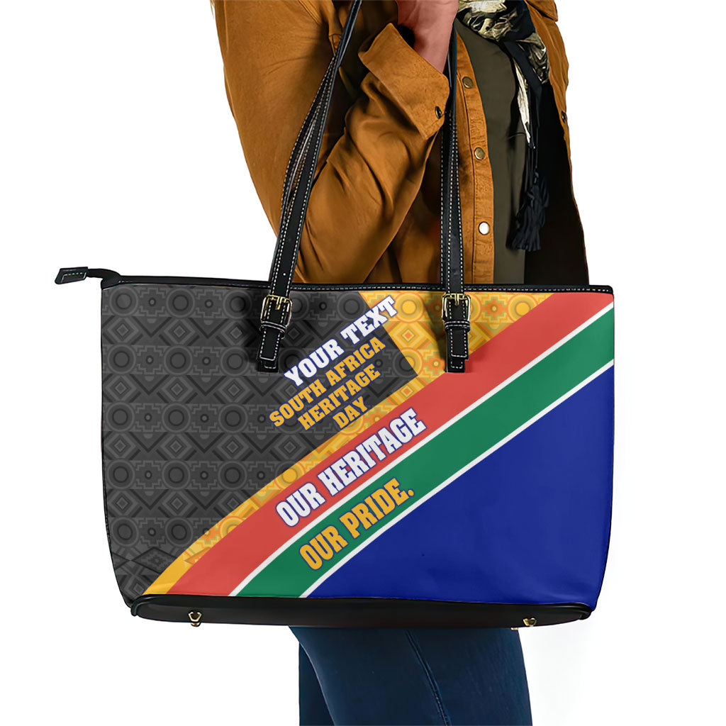 Personalized South Africa Heritage Day Leather Tote Bag One Nation Many Stories Geometric Flag Pattern