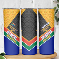 Personalized South Africa Heritage Day Skinny Tumbler One Nation Many Stories Geometric Flag Pattern