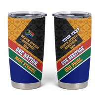 Personalized South Africa Heritage Day Tumbler Cup One Nation Many Stories Geometric Flag Pattern