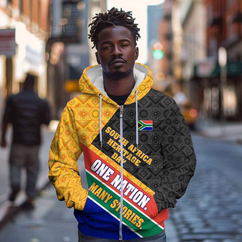 Personalized South Africa Heritage Day Zip Hoodie One Nation Many Stories Geometric Flag Pattern