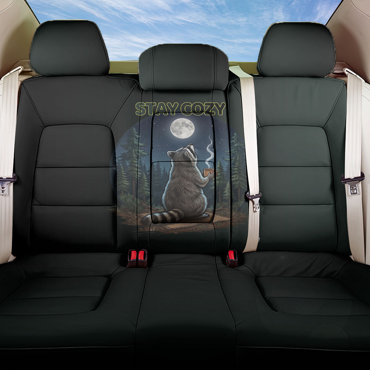 Raccoon Stay Wild Stay Cozy Camping Back Car Seat Cover Starry Night Forest Wildlife
