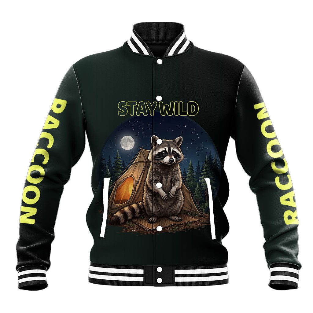 Raccoon Stay Wild Stay Cozy Camping Baseball Jacket Starry Night Forest Wildlife