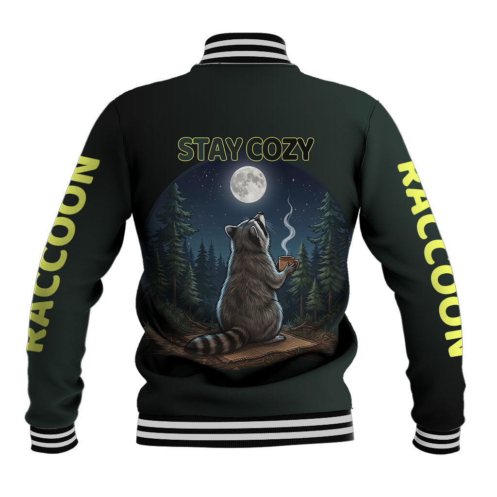 Raccoon Stay Wild Stay Cozy Camping Baseball Jacket Starry Night Forest Wildlife
