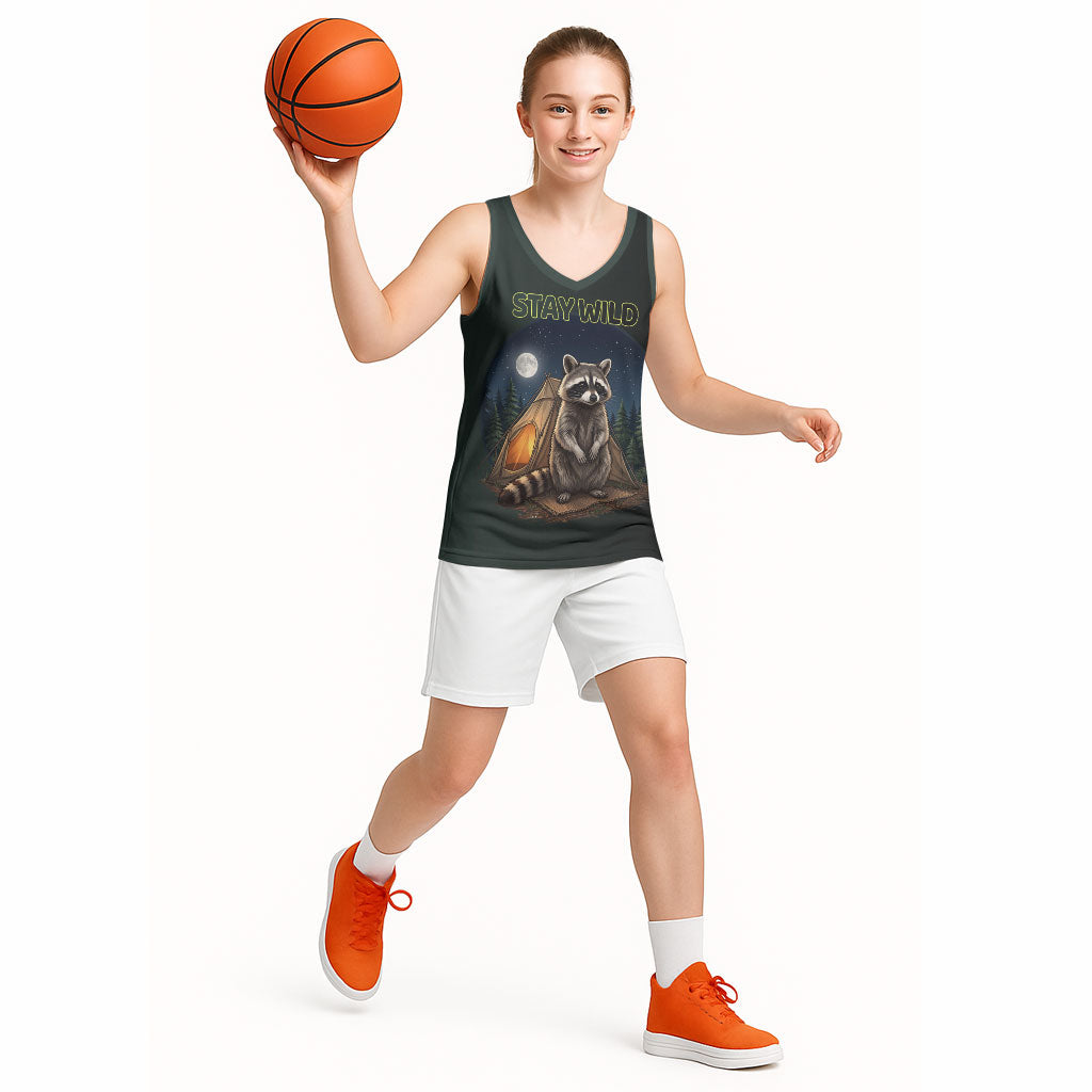 Raccoon Stay Wild Stay Cozy Camping Basketball Jersey Starry Night Forest Wildlife