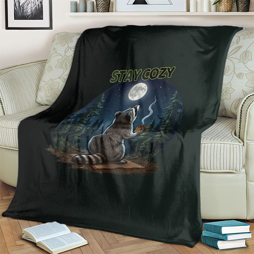 Raccoon Stay Wild Stay Cozy Camping Blanket Starry Night Forest Wildlife