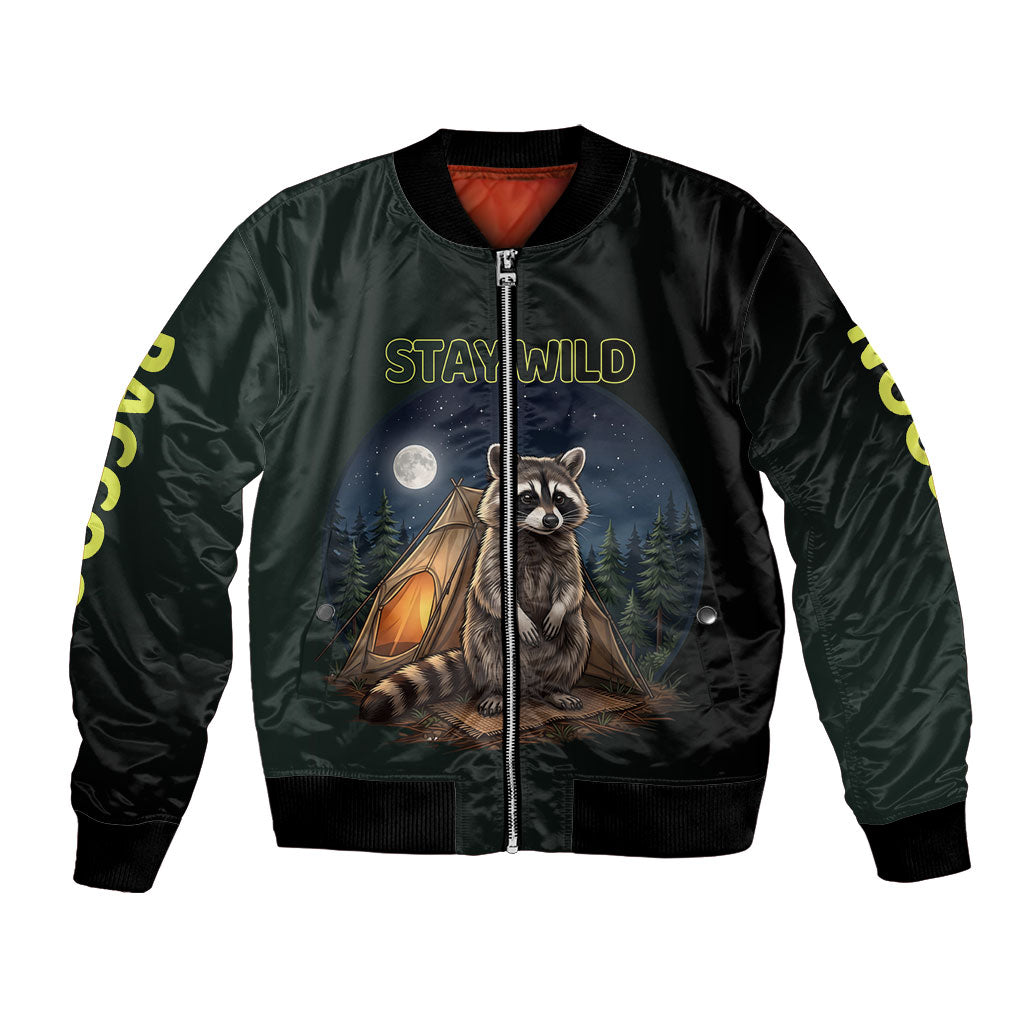 Raccoon Stay Wild Stay Cozy Camping Bomber Jacket Starry Night Forest Wildlife