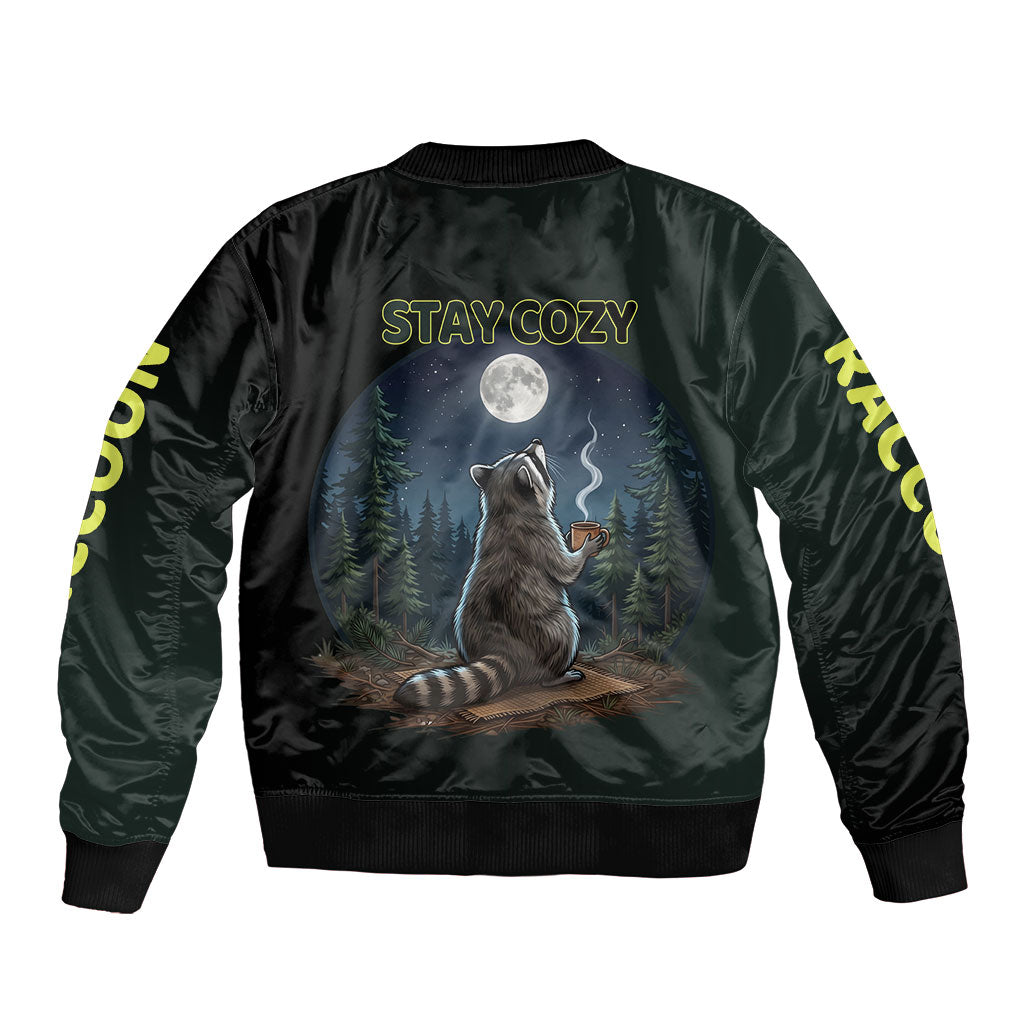 Raccoon Stay Wild Stay Cozy Camping Bomber Jacket Starry Night Forest Wildlife
