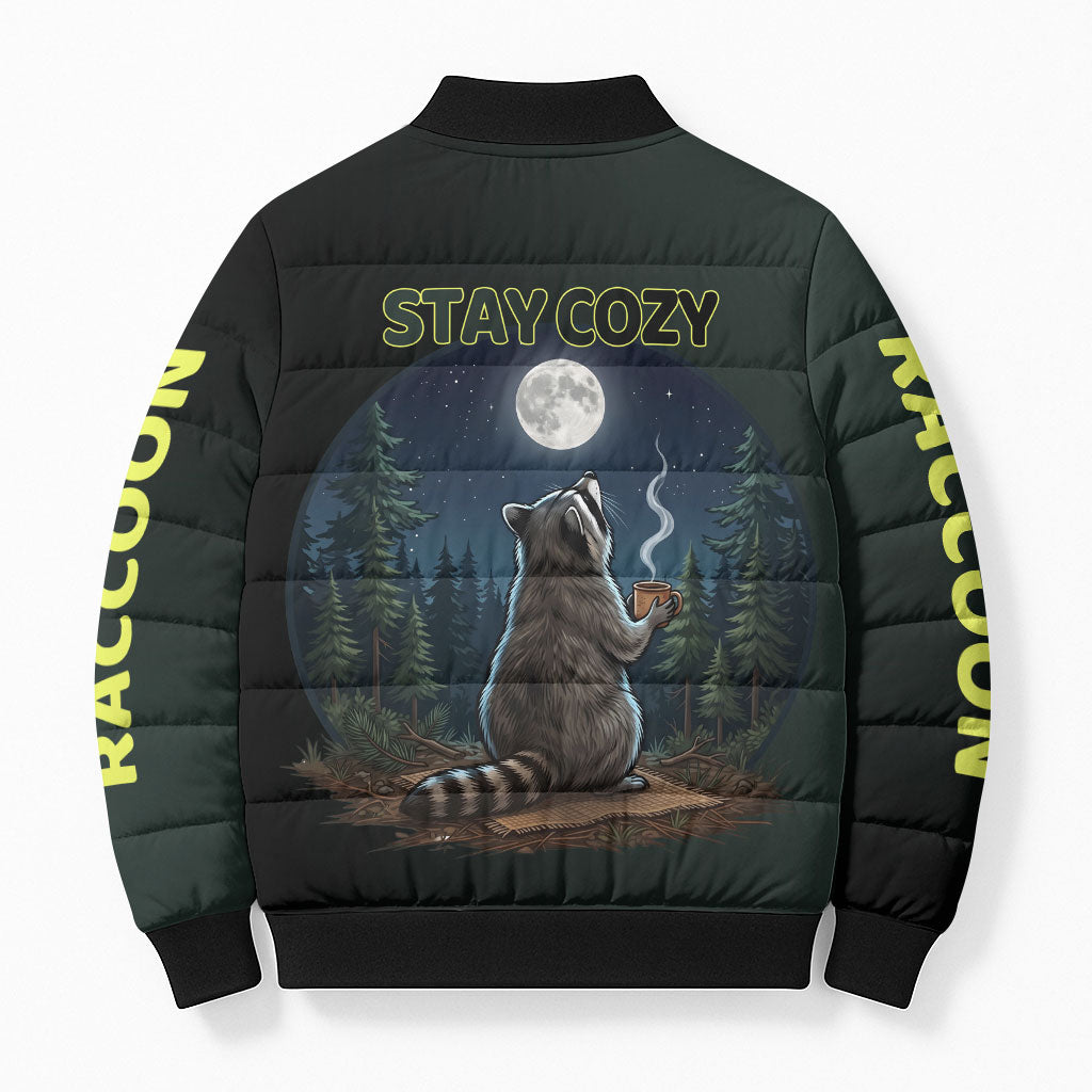 Raccoon Stay Wild Stay Cozy Camping Bomber Puffer Jacket Starry Night Forest Wildlife