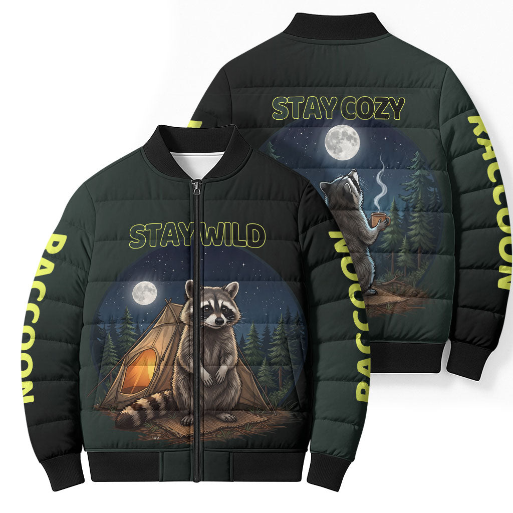Raccoon Stay Wild Stay Cozy Camping Bomber Puffer Jacket Starry Night Forest Wildlife