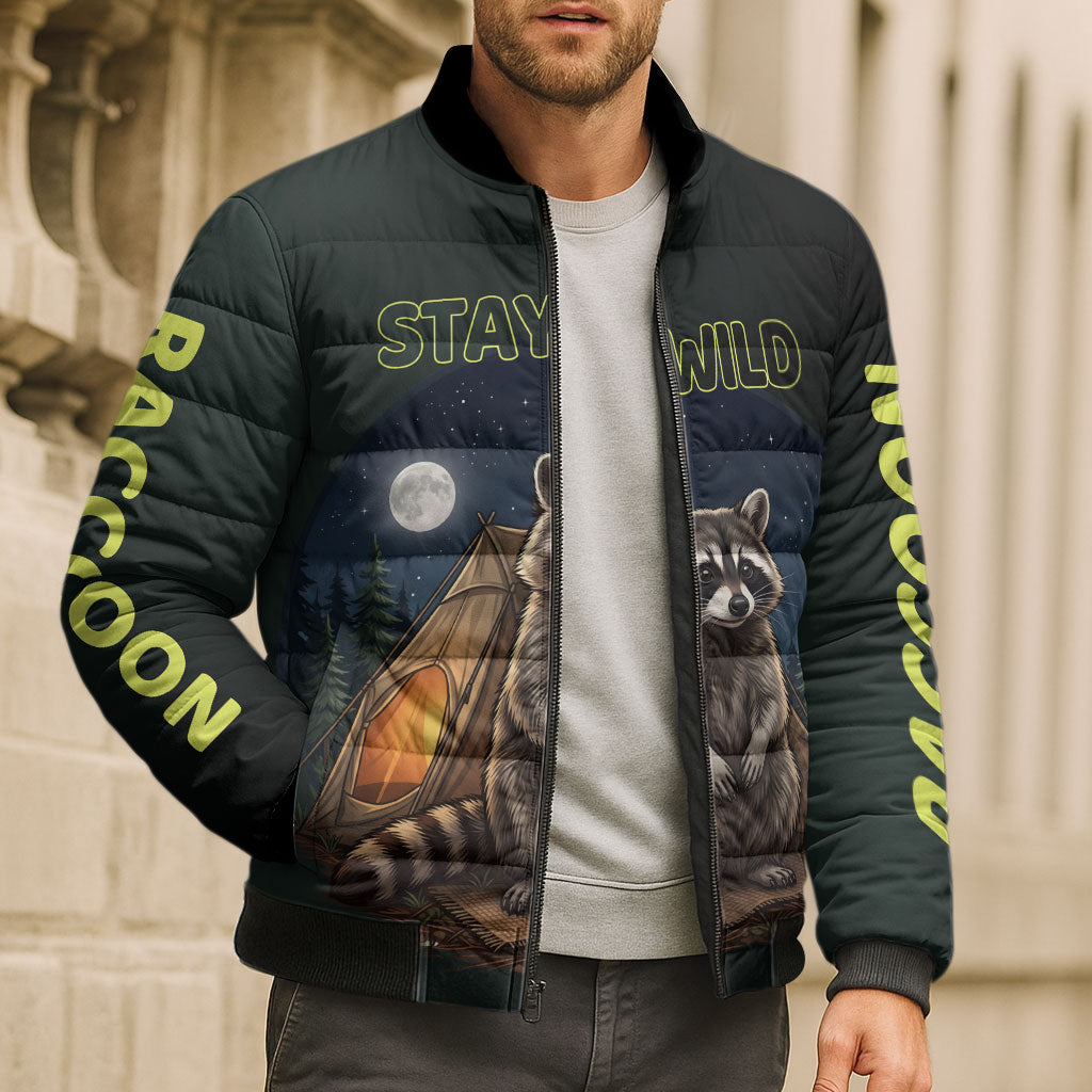 Raccoon Stay Wild Stay Cozy Camping Bomber Puffer Jacket Starry Night Forest Wildlife