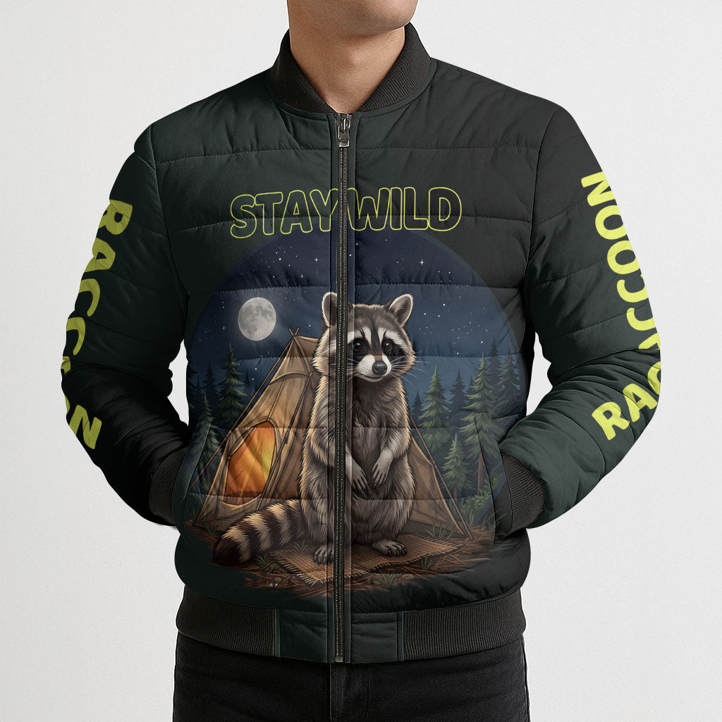 Raccoon Stay Wild Stay Cozy Camping Bomber Puffer Jacket Starry Night Forest Wildlife