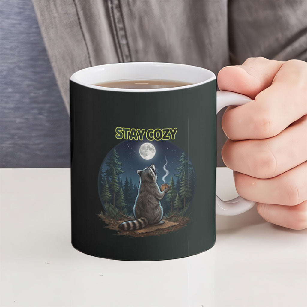 Raccoon Stay Wild Stay Cozy Camping Ceramic Mug Starry Night Forest Wildlife