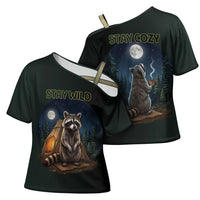 Raccoon Stay Wild Stay Cozy Camping Cross Shoulder Shirt Starry Night Forest Wildlife