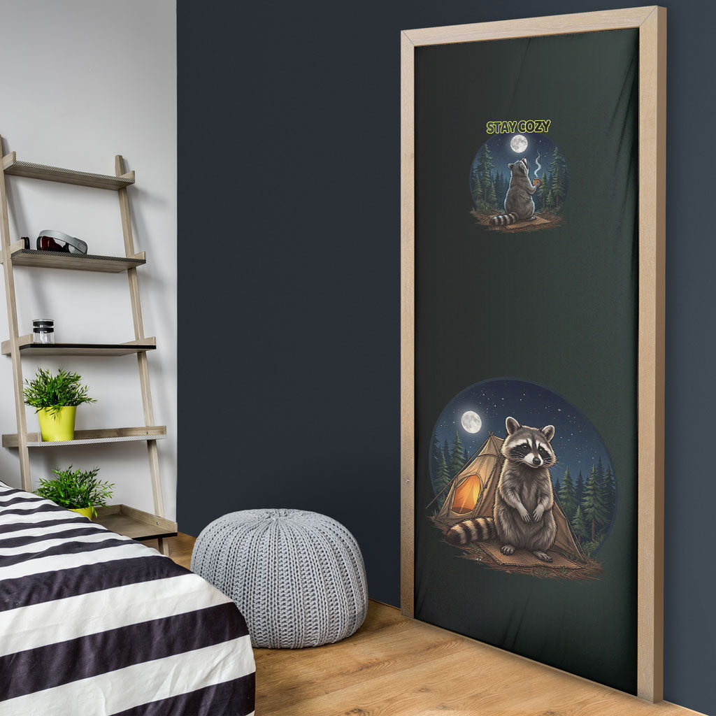 Raccoon Stay Wild Stay Cozy Camping Door Cover Starry Night Forest Wildlife
