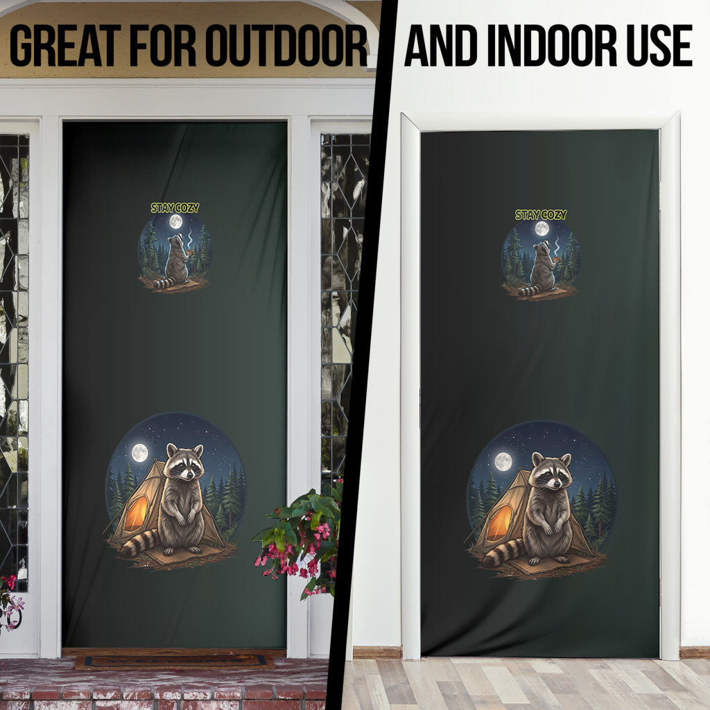 Raccoon Stay Wild Stay Cozy Camping Door Cover Starry Night Forest Wildlife
