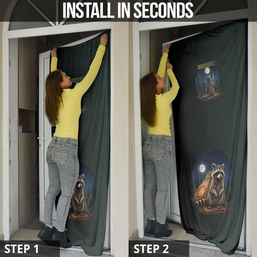 Raccoon Stay Wild Stay Cozy Camping Door Cover Starry Night Forest Wildlife